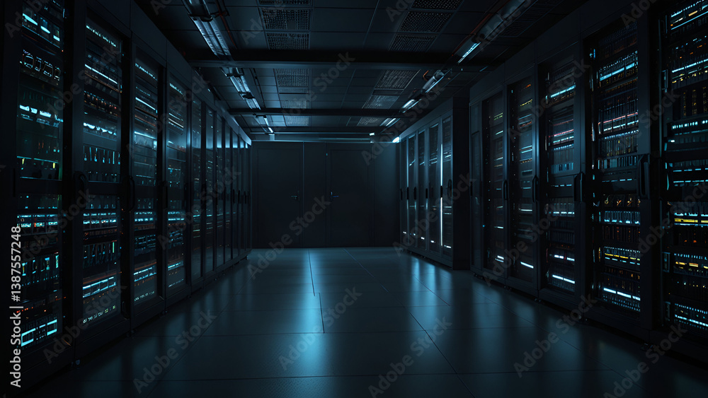 Fototapeta premium Illuminated server racks in a dimly lit data center with blue overhead lighting symbolizing advanced networking cloud computing and cybersecurity