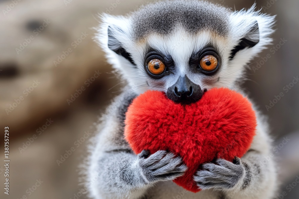 Fototapeta premium Lemur - my treasured animal. Cute lemur baby with fluffy red heart on in a natural habitat. Marketing animal layout. Love-themed animal photography. Wild romance captured. Cute nature love.