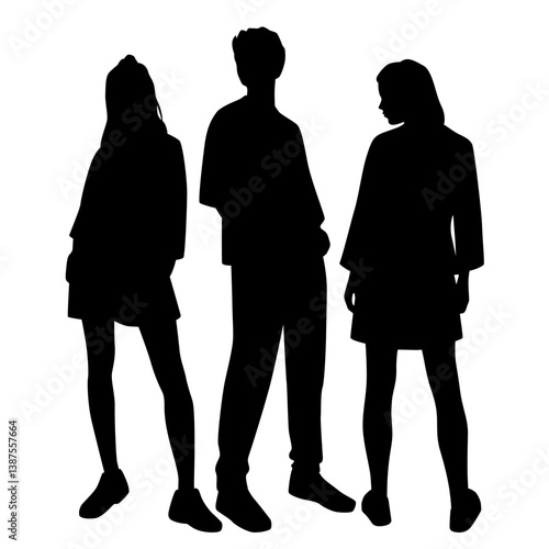Obraz na płótnie Silhouettes of man and two women, a group standing business people, profile, vector, black color isolated on white background w salonie