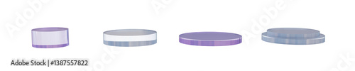 Set of 3d glass transparent clear cylinder stand podium on transparent background. Crystal circle mockup, pedestal platform for product showcase. 