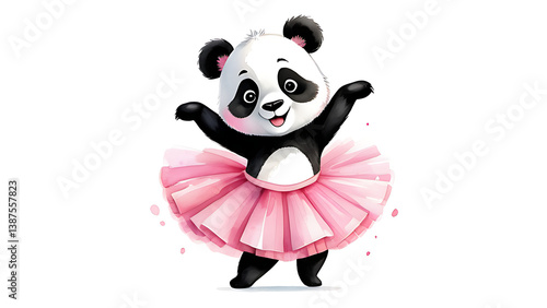 Dancing Panda Bear Wearing a Tutu Watercolor Illustration on White