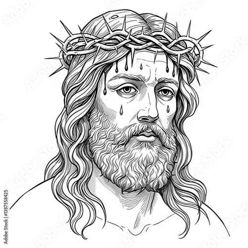Biblical Art of Jesus’ Crucifixion_ A Visual Testament of Salvation, head wearing crown of thorns, illustration isolated white
