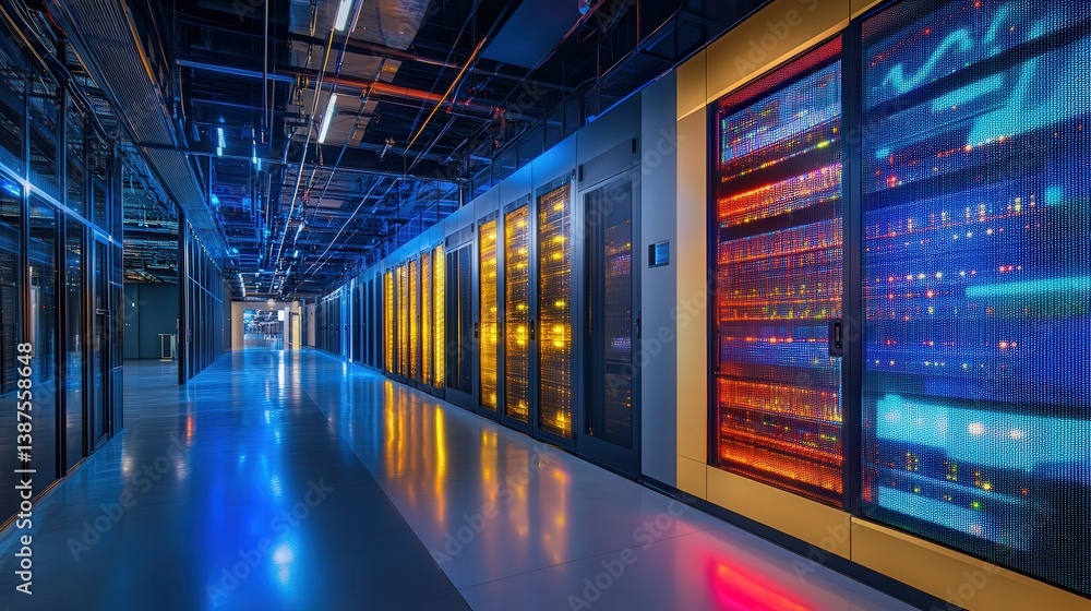The interior shot captures the essence of a data center corridor, showcasing a lineup of rack servers and supercomputers The interior shot captures the essence of a data center corridor, showcasing a lineup of rack servers and supercomputers