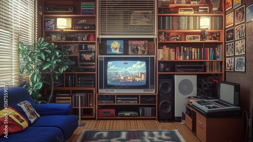 The living room setup highlights various 90s game consoles, illustrating their distinct designs