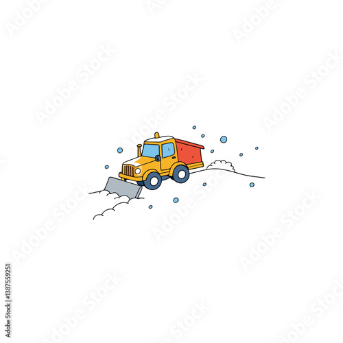 A snowplow clearing a road through a snowstorm on white background