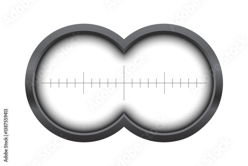 Binoculars viewfinder overlay on transparent background. Spy POV. Circular dual lens with crosshair marks and range scale. Military, hunting or spy optical instrument. Realistic vector illustration.