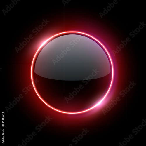 Red neon light round frame with glowing glass surface. Futuristic illuminated button. Abstract vector illustration for UI design, sci-fi elements, modern tech interfaces.