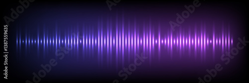 Purple sound wave with glowing light effect. Blue pink noise pulses line isolated on black. Music audio frequency, voice waveform, electronic radio signal, volume level. Abstract vector background.