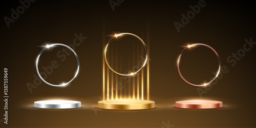 Gold, silver and bronze award podiums. Luxury empty stages with glowing circle frames isolated on black background for product presentation or winner ceremony. Abstract vector illustration.