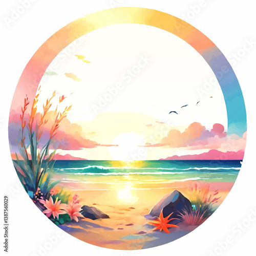 circle landscape frame vector pattern with beach and sunset for insertion