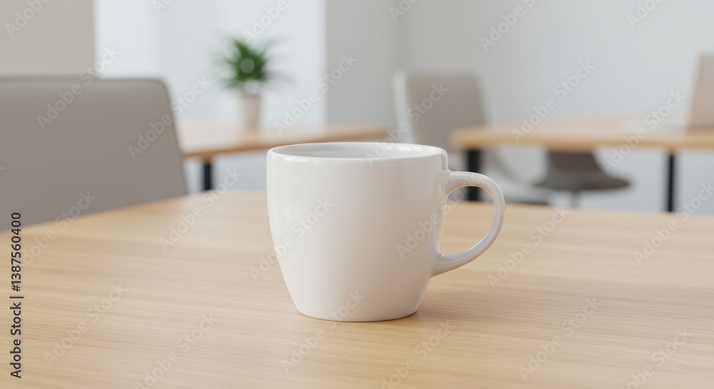 Minimalistic Office Scene Featuring a White Coffee Cup on a Wooden Table