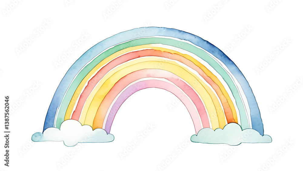 Watercolor Rainbow Illustration with Clouds on White Background for Kids Watercolor Rainbow Illustration with Clouds on White Background for Kids