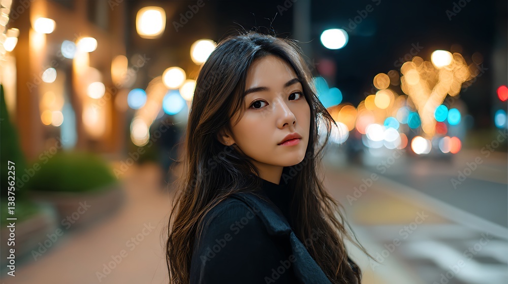 Fototapeta premium 夜の街で見つめる女性