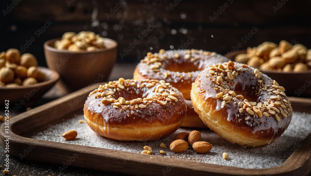 Traditional Donuts with Crystal Sugar and Chopped Nuts Traditional Donuts with Crystal Sugar and Chopped Nuts