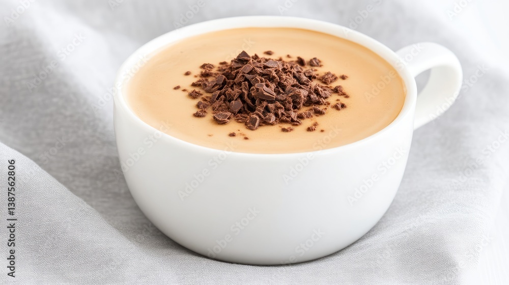 A white mug holds a creamy light brown dessert, topped with chocolate shavings. It rests on a gray fabric. The image is high-quality with bright, natural lighting. The style is clean and minimalist. A white mug holds a creamy light brown dessert, topped with chocolate shavings. It rests on a gray fabric. The image is high-quality with bright, natural lighting. The style is clean and minimalist.