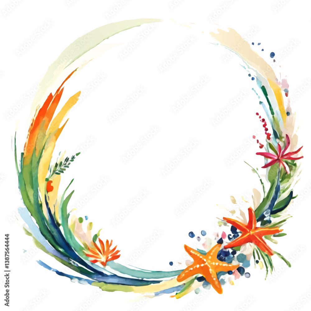 Obraz premium watercolor circle frame pattern with flowers and starfish vector illustration for insertion