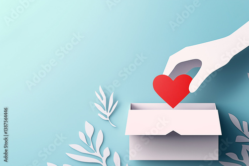 hand holding a heart putting on donate box for concept donation and volunteer style paper cut