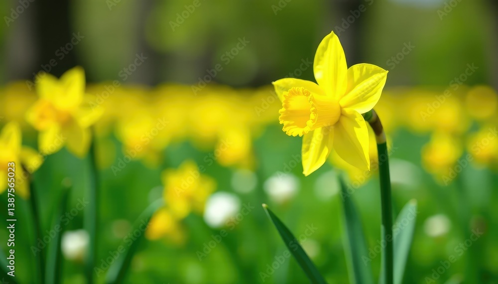 A bright yellow daffodil in a field with white and greenery, daffodils, flowers, greenery A bright yellow daffodil in a field with white and greenery, daffodils, flowers, greenery