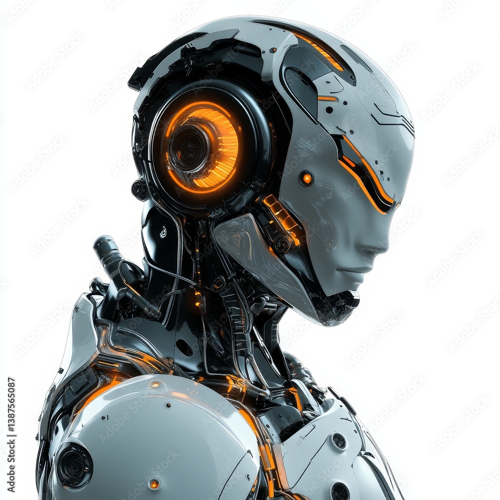 Fototapeta premium Futuristic robot or cyborg head and shoulders profile view against a white background.