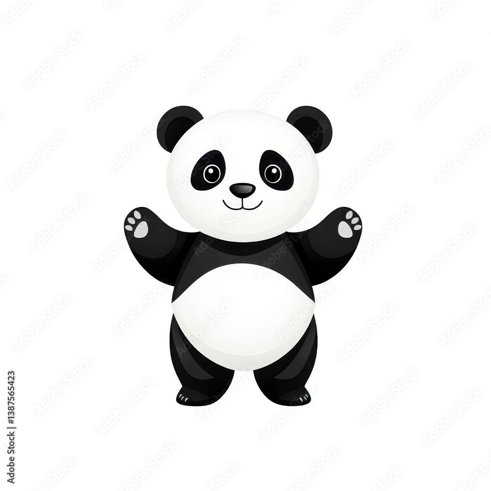 Naklejka premium A cute cartoon panda stands with its arms raised, displaying friendly and welcoming expression. panda black and white fur is depicted in simple, charming style, making it appealing to all ages