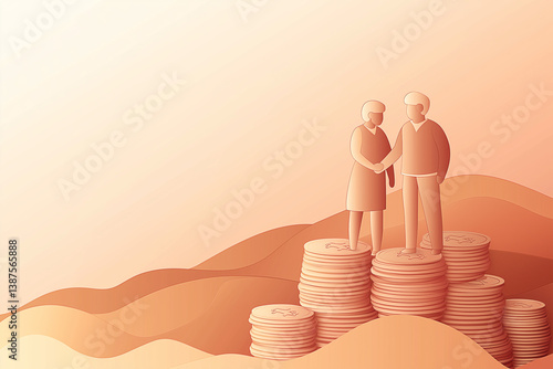 couple older standing with money coins saving for concept pension and retirement planning style paper cut