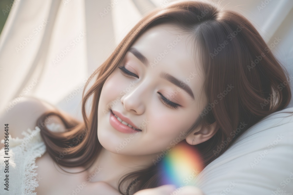Fototapeta premium Serene Asian Woman Relaxing, Dreamy Close-up Portrait with Soft Lighting & Rainbow Flare. Beauty, Relaxation, Well-being Concept.