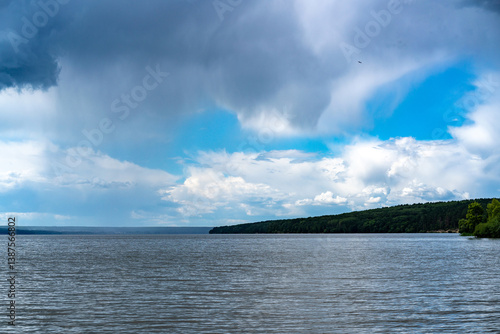 Different landscapes on the lake in summer.