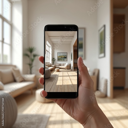 Obraz na płótnie Hand holding smartphone showing interior design in virtual reality. Phone presents living room, hardwood floor with sunlight, sofa, window view, comfortable modern home. Concept of home decor, design w salonie