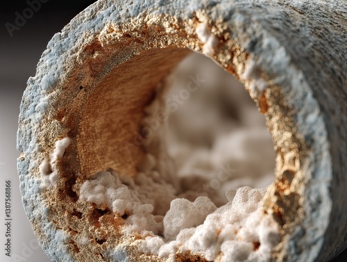 tube showing the buildup of limescale and mineral deposits. The inside is covered with white, cloudy limescale, creating a textured surface. 