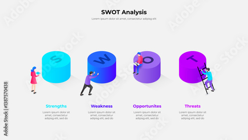 Isometric vector illustration representing SWOT analysis with figures depicting strengths, weaknesses, opportunities, and threats in colorful blocks for business conceptualization