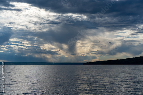 Different landscapes on the lake in summer.