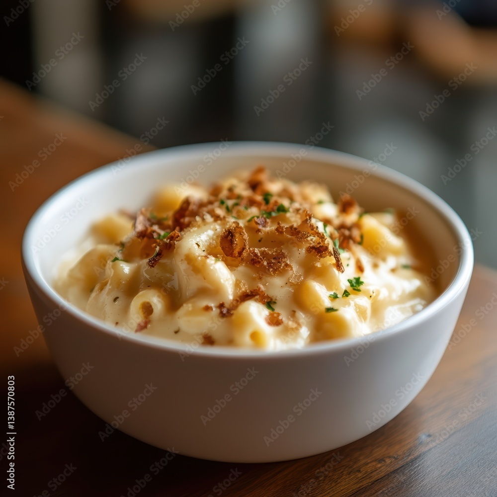Savory macaroni and cheese dish cozy restaurant food photography indoor setting close-up comfort food delight Savory macaroni and cheese dish cozy restaurant food photography indoor setting close-up comfort food delight