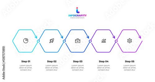 Outline infographic featuring five sequential hexagonal steps with icons depicting process stages, ideal for business presentations or workflow diagrams