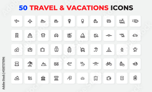 A set of 50 minimalistic icons representing diverse travel, transportation, and vacation themes, perfect for web design, presentations, and promotional material