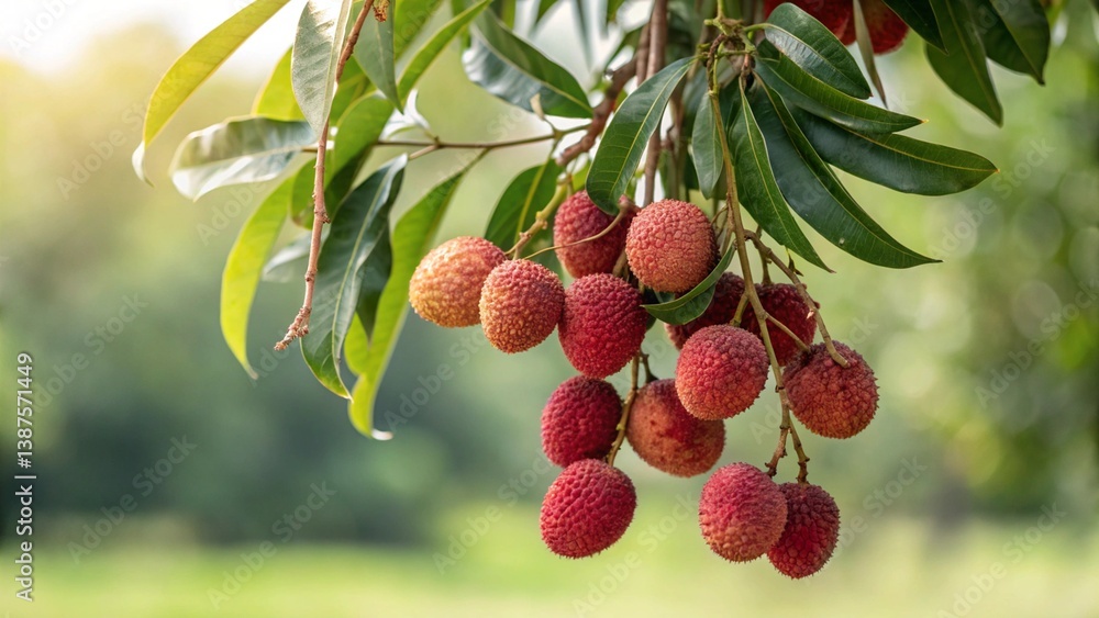 Obraz premium A cluster of ripe lychees hangs from a branch the tree.