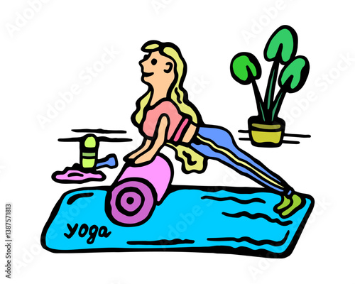 Color vector illustration of a girl on a sports mat doing yoga on a white isolated background