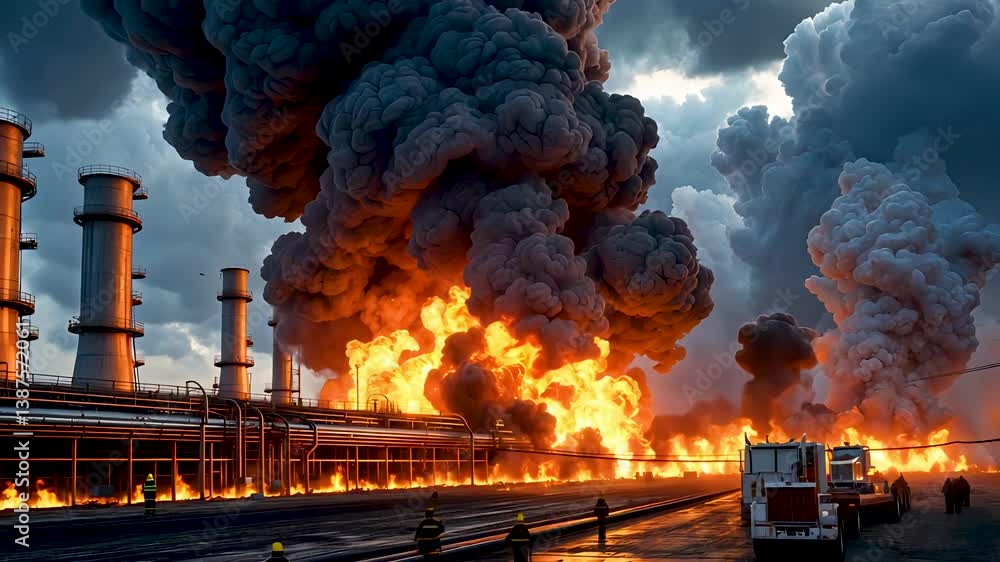 Massive explosion and fire at oil refinery with smoke clouds rising in ...