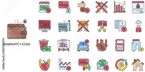 Bankruptcy simple concept 24 hand drawn color icons set. Contains such bankruptcy, loss, bankrupt, economy, money, low .Vector illustration.
