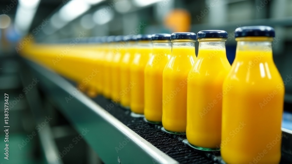 Fototapeta premium Orange juice bottles aligned on conveyor belt in beverage production facility.