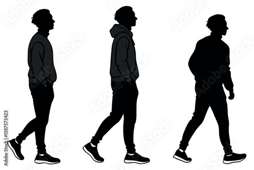 Side view silhouettes of young men walking and standing, casual fashion, black and white style, hoodie and sneakers outfit