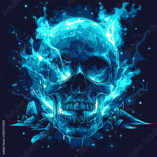 Futuristic glowing skull with blue flames and crystal shards in digital art style