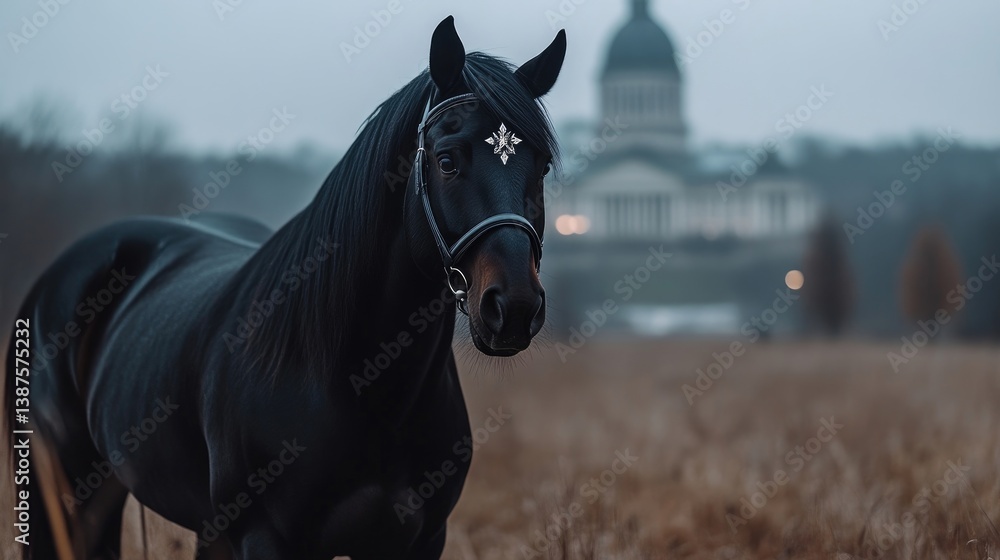 Obraz premium Majestic black horse in a field, elegant and powerful. Misty morning backdrop, with a grand building in the distance