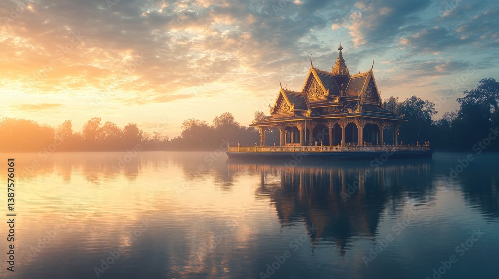 Obraz premium Serene Reflection of a Golden Pavilion at Sunrise Over Tranquil Waters Surrounded by Lush Greenery