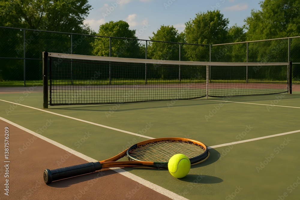 custom made wallpaper toronto digitalclose-up of a tennis racket and ball on a court, with a vibrant green tennis ball and racquet lying on the blue or green surface, capturing the essence of sports and fitness