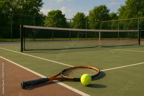 Wallpaper Mural close-up of a tennis racket and ball on a court, with a vibrant green tennis ball and racquet lying on the blue or green surface, capturing the essence of sports and fitness Torontodigital.ca