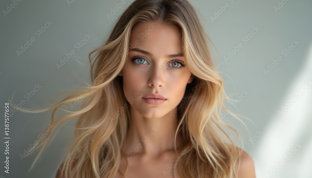 Fototapeta premium Young woman portrait. Blonde hair, striking blue eyes against neutral background. Natural light enhances beauty, soft gaze, serene expression. Fashionable style, healthy skin. Photo suitable for