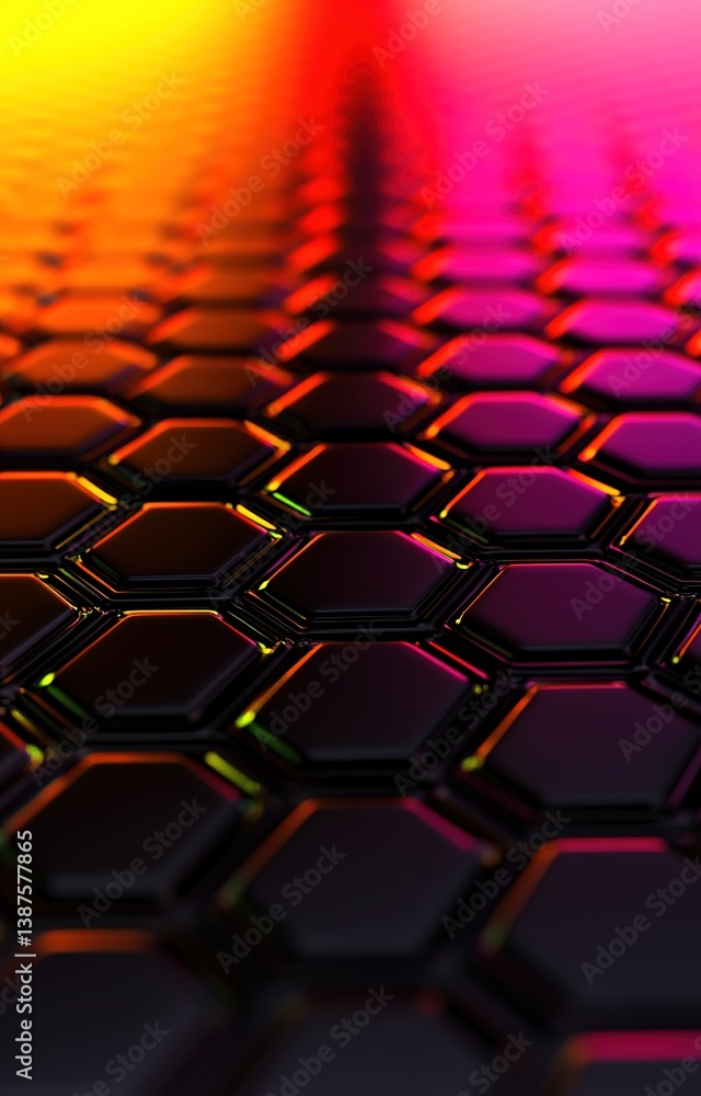 Obraz premium A dark metallic background with a repeating hexagonal pattern that fades into the distance 
