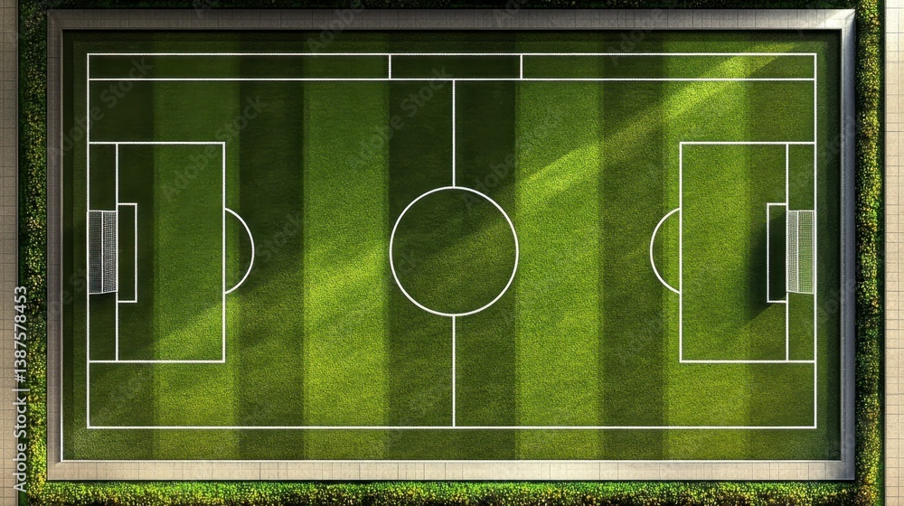 Aerial View of Green Soccer Field with White Lines and Goals Aerial View of Green Soccer Field with White Lines and Goals