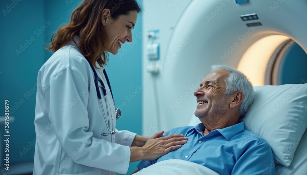 Obraz premium Smiling doctor comforts senior patient during CT scan in hospital room. Healthcare pro supports, assists elderly man undergoing radiology exam. Medical check-up, positive experience during healthcare.