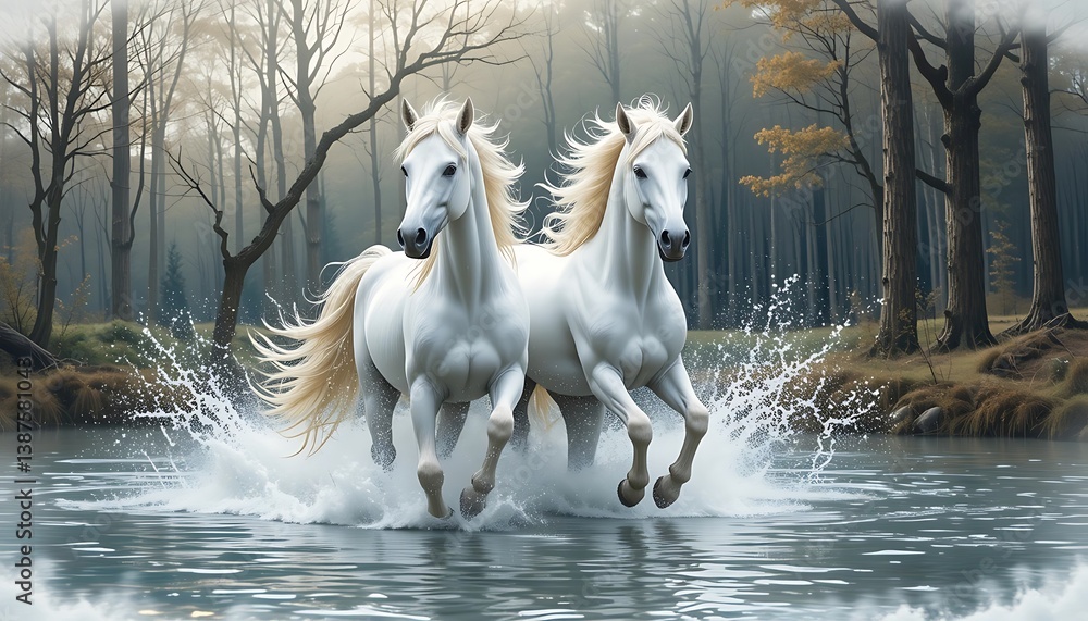 Fototapeta premium Two White Horses Running Through Water with Forest Background Scenery